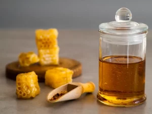 Front view of honey in jar