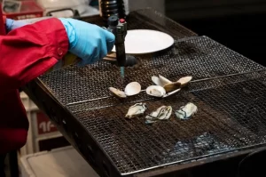 Close up on person cooking japanese street food